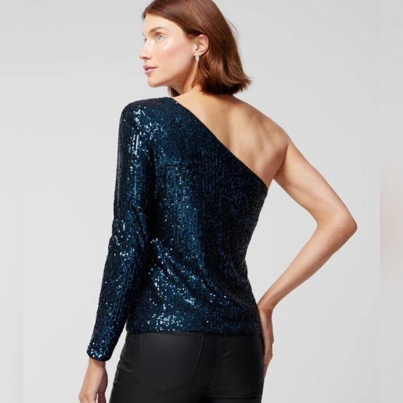 WHBM Blue Sequined Exposed Shoulder Evening Blouse - Picture 13 of 13